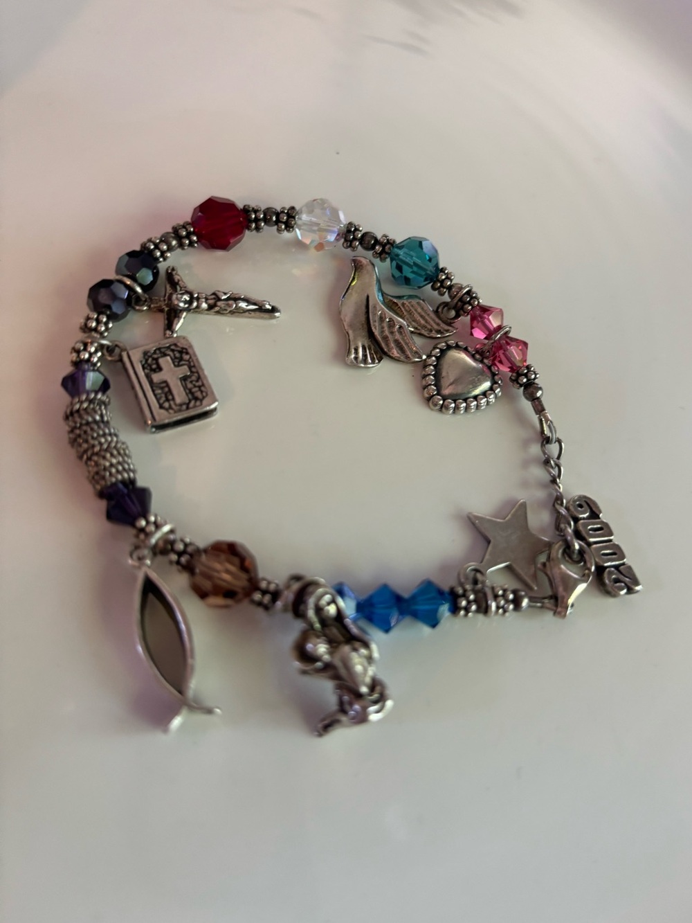 Sterling Silver Religious Charm Bracelet Crystal Cross Jesus Dove Fish Bible 7”